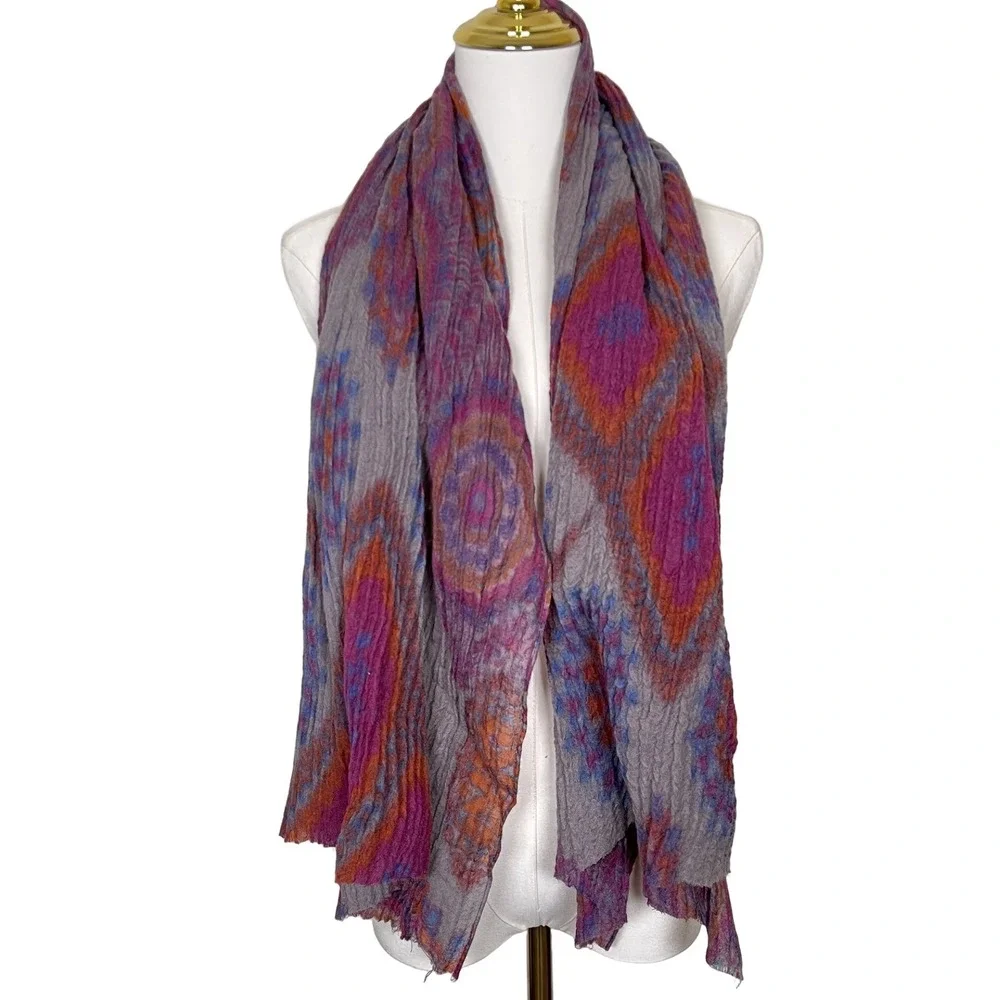 FRAAS Scarf Ikat Pattern Gray Pink Orange Blue Lightweight Boho Crinkle Gauze‎